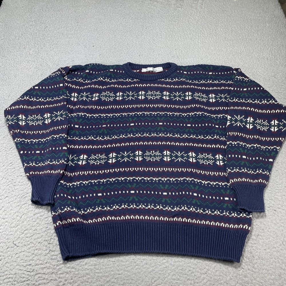 Claiborne Sweater Mens XL Blue‎ Fair Isle Knit Crewneck Cotton Pullover Warm VTG